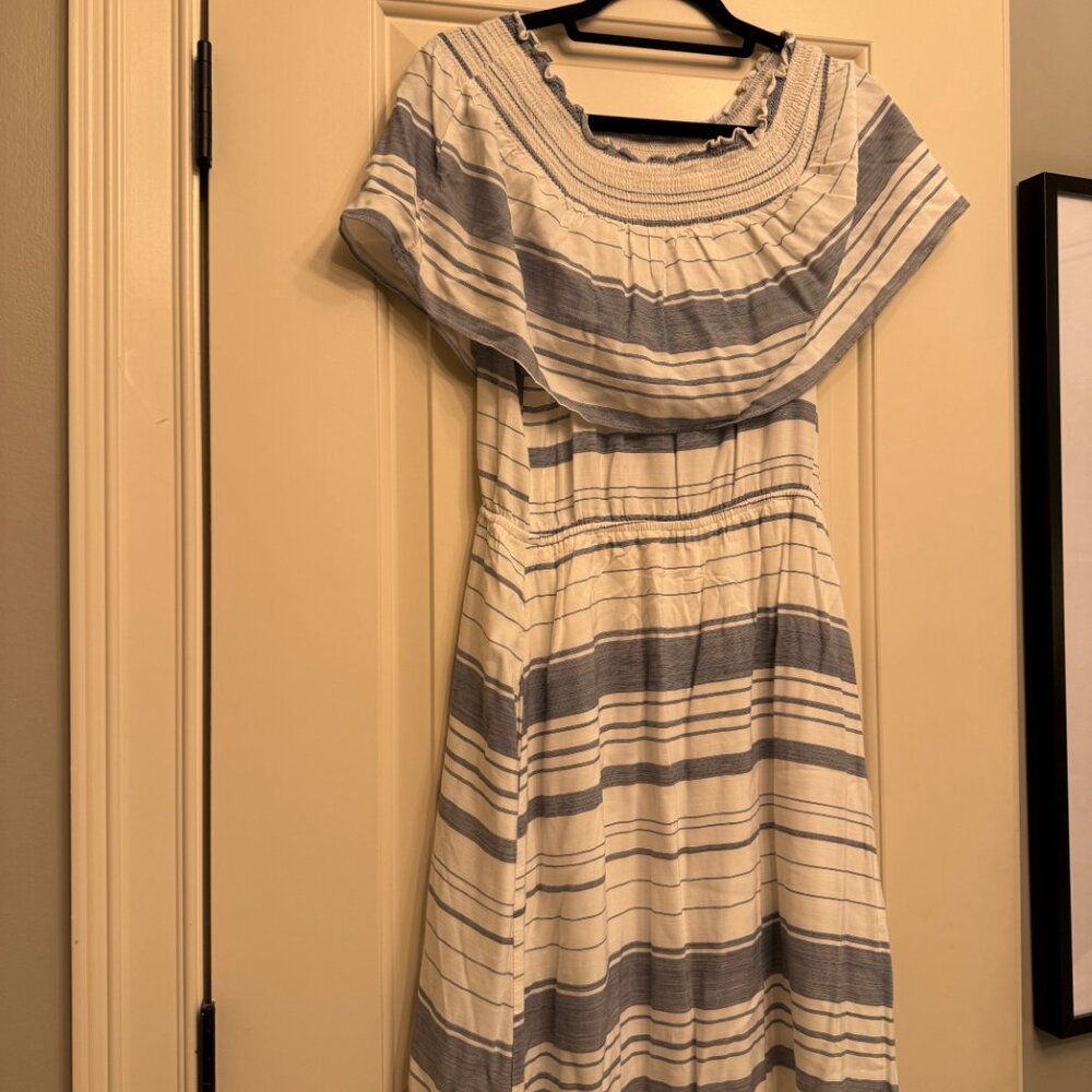 Lightweight White and Navy Striped Dress - Off the Shoulder - Flowy - Like New